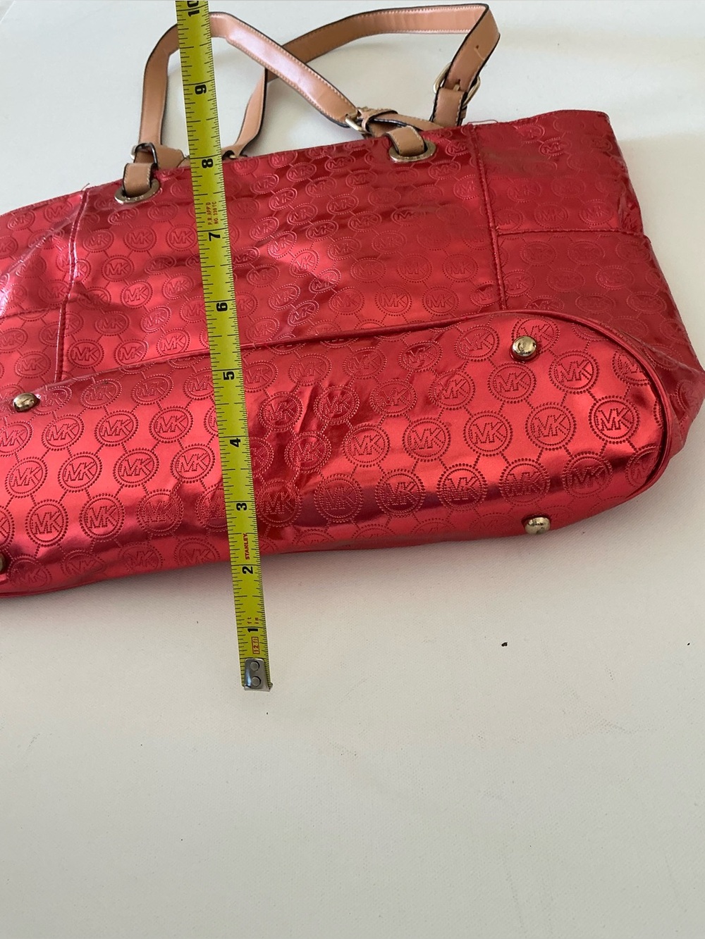 Michael Kors Jet Set Tote Coral Red Metallic MK Logo Large Shoulder Bag - Picture 11 of 12